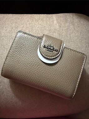 Coach Taupe Pebbled Leather Snap Wallet with Silver Logo